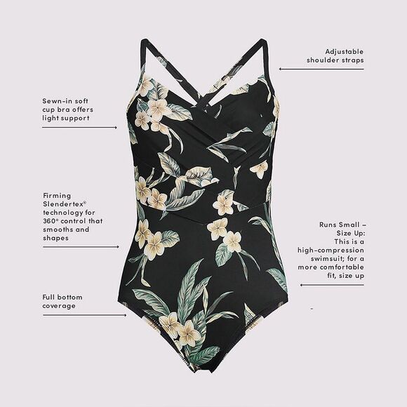 Land's End Plus slender suit pleated X back 1 piece swimsuit black floral Var - Picture 2 of 12